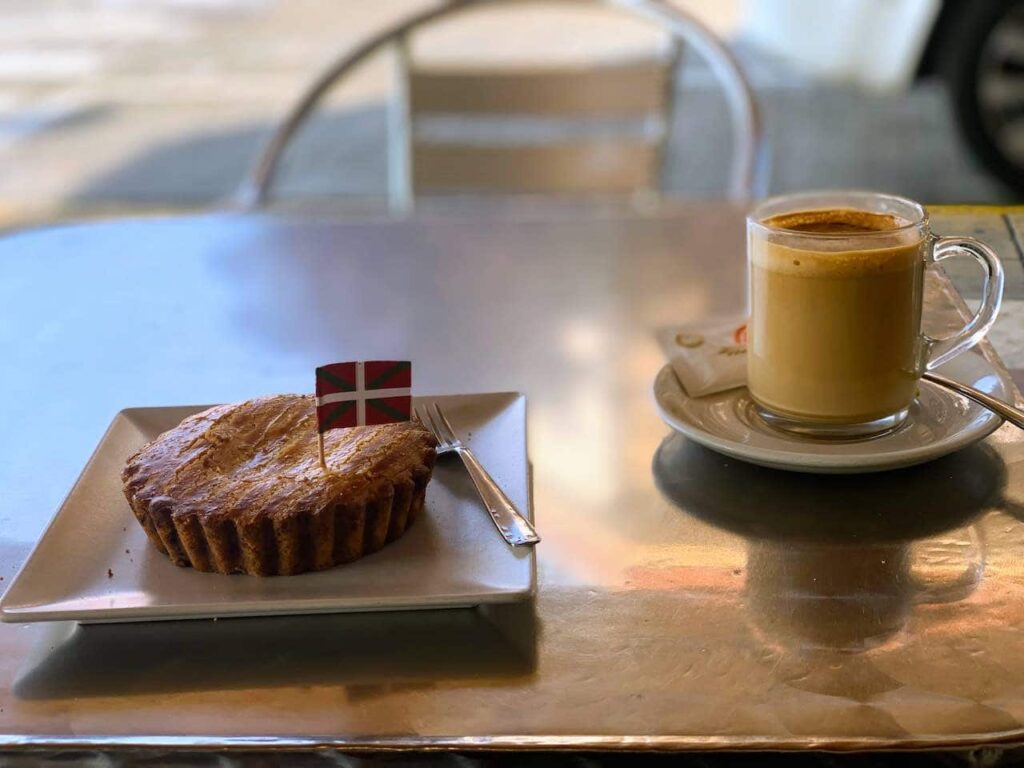 A Basque cake and café manchado in the Spanish Basque Country 