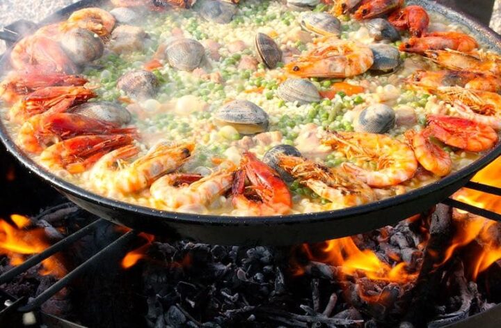 Seafood paella is a popular food in Spain