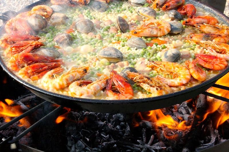 Seafood paella is a popular food in Spain