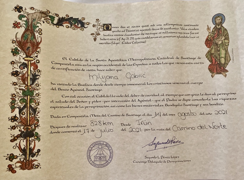 Compostela pilgrim certificate for the Camino de Santiago