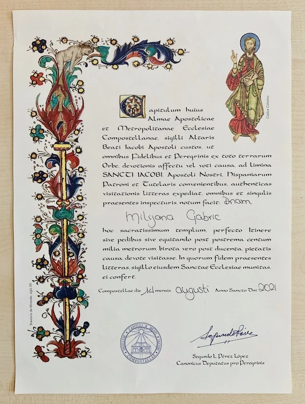 Camino del Norte Compostela certificate 
