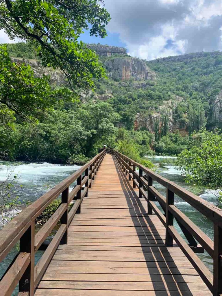 The boardwalk around Roški Slap Waterfall in Krka National Park in Croatia 