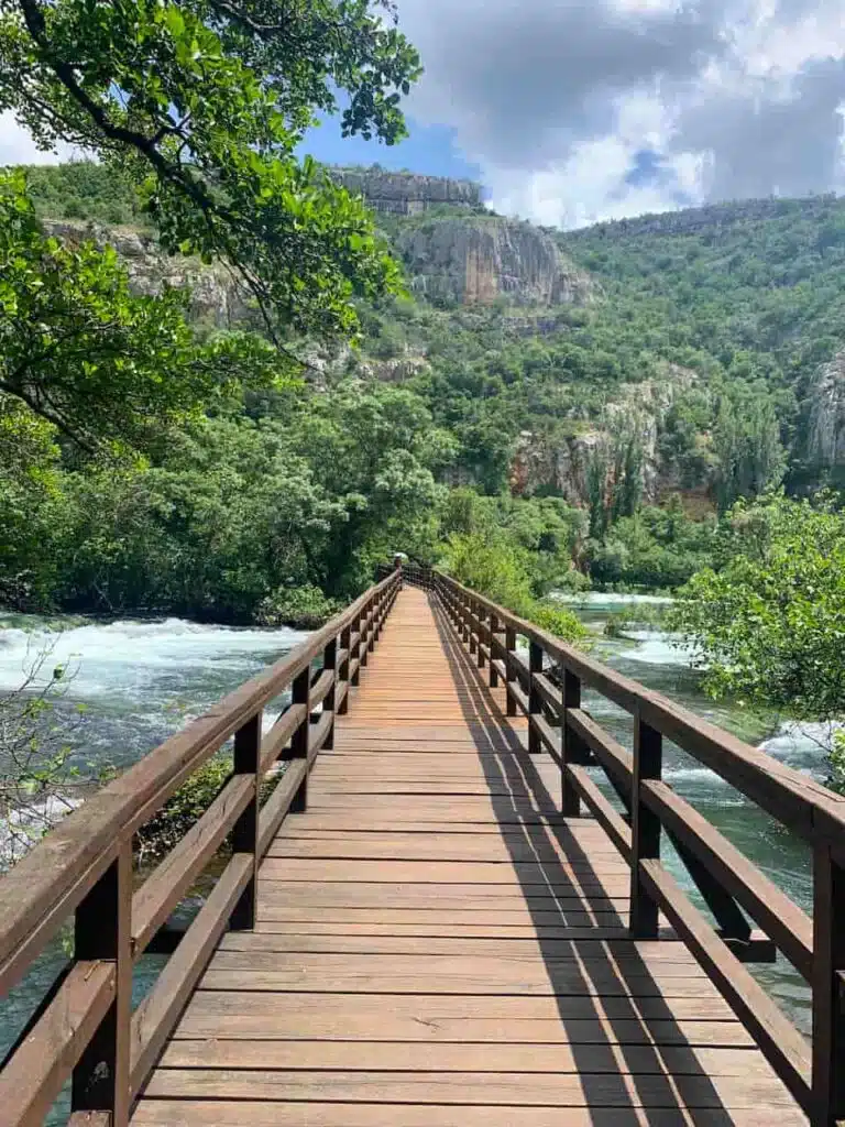 The boardwalk around Roški Slap Waterfall in Krka National Park in Croatia 