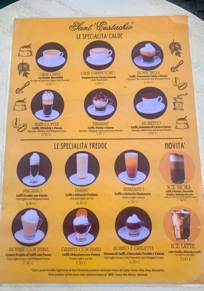 The pricelist of the Sant Eustachio il Caffe