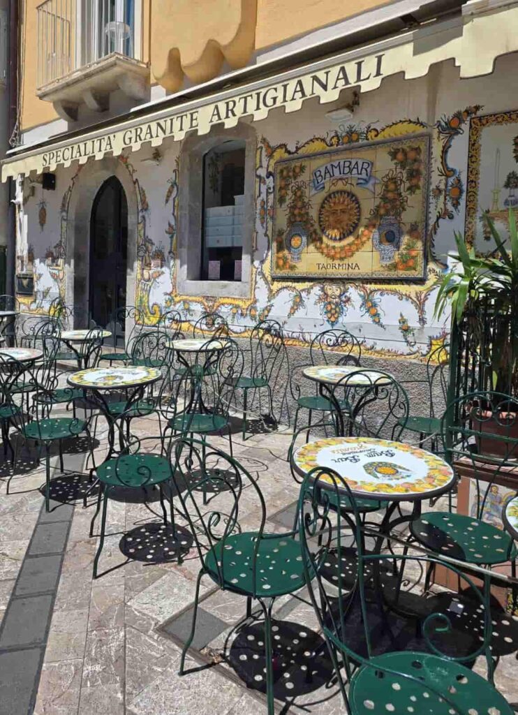 Planning A Trip To Sicily? Don’t Miss These 23 Bucket List Things to do in Taormina! 5 Bam Bar in Taormina Sicily. Getting a granita in Bam bar is amomg the best things to do in Taormina Sicily