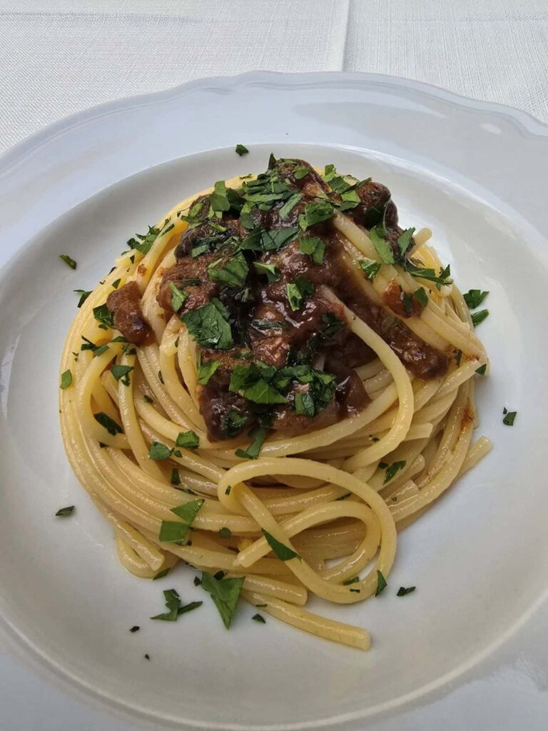 My plate of sea urchin spaghetti in the Ai Lumi restaurant in Ragusa, Sicliy 