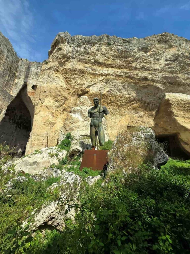 Bronze warrior statue holding a spear, Latomie del Paradiso, Neapolis Archeological Park, Syracuse 