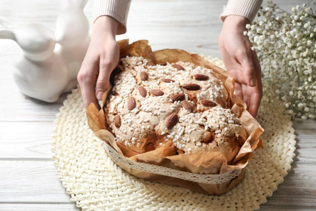 Colomba di Pasqua Italian Easter cake on a table.